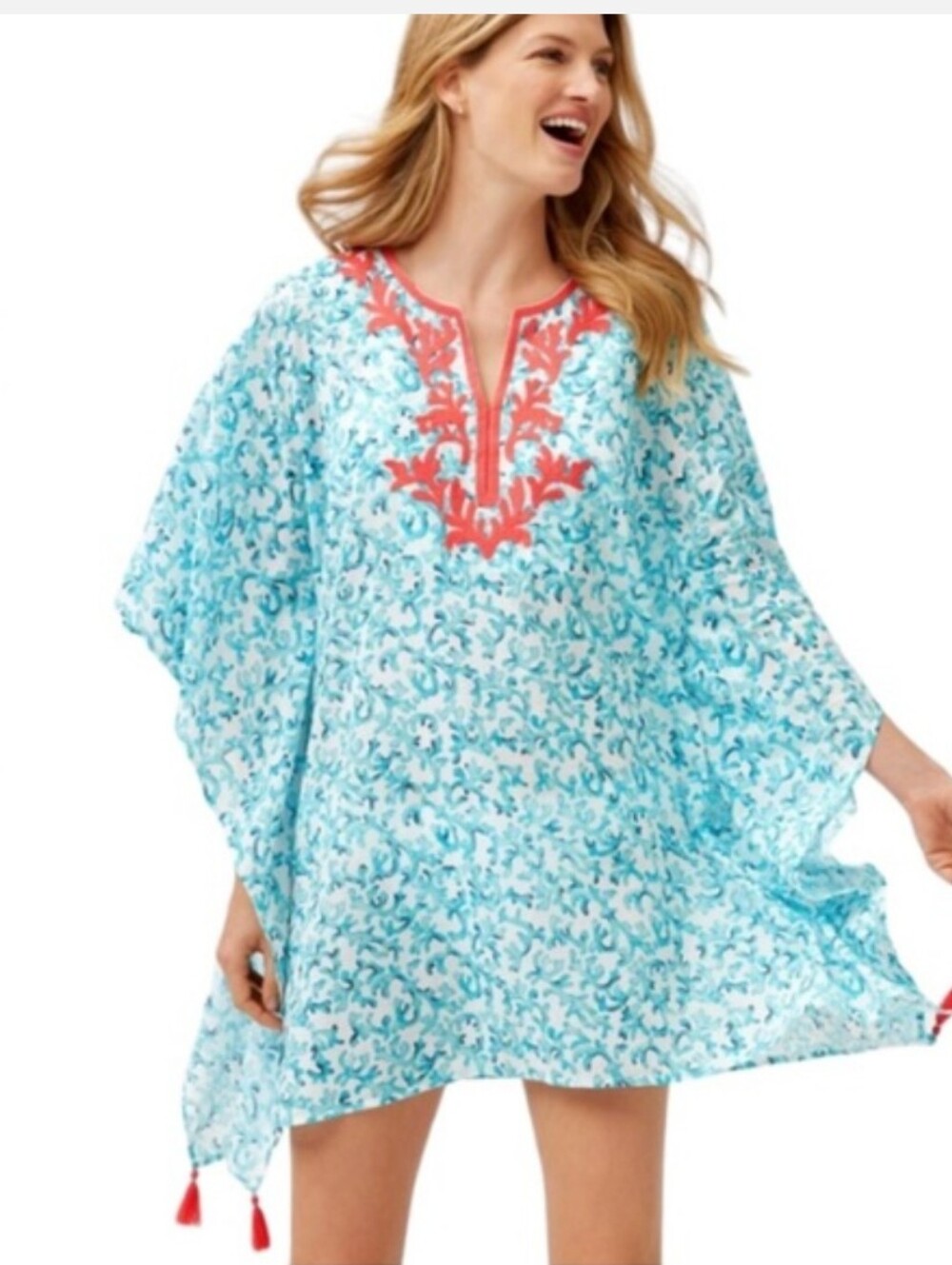 Tommy Bahama Coral Aqua Cabana Embroidered Cover Up Tassels Beachy Boho L/XL
